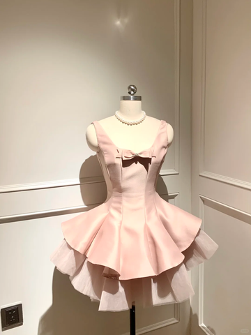 Cute A Line Strap Bow Light Pink Tulle Satin Short Homecoming Dress Cocktail Dress HZ1023